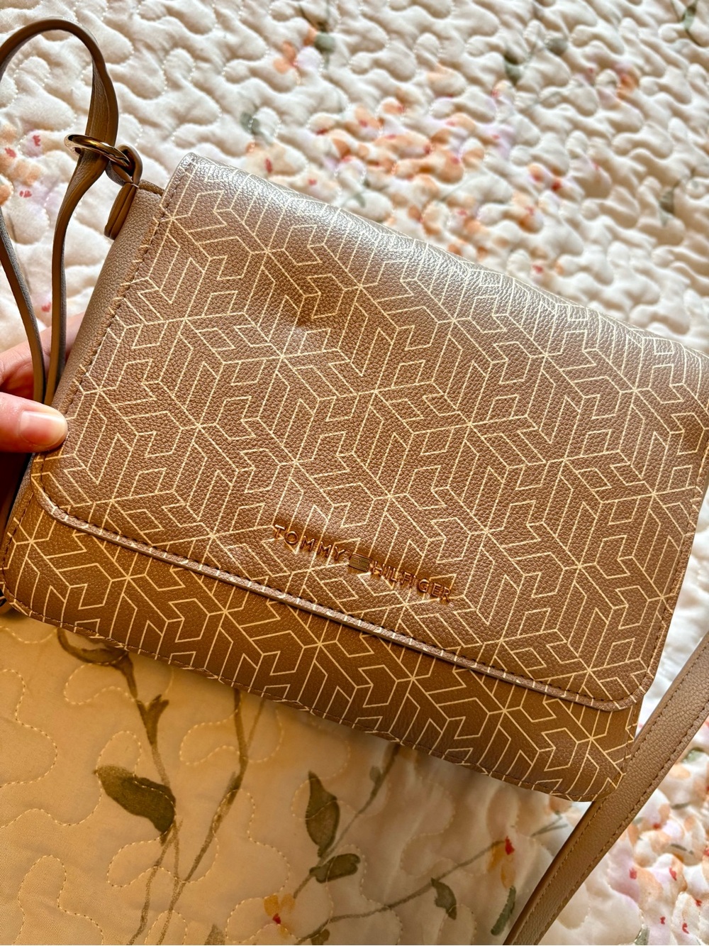 Crossbody Shoulder Bag in Taupe with Geometric Print Tommy Hilfiger